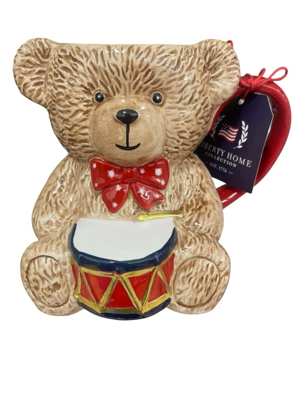 Liberty Home Red Bow Teddy Bear Drum Ceramic Mug - 26 ounces - NWT